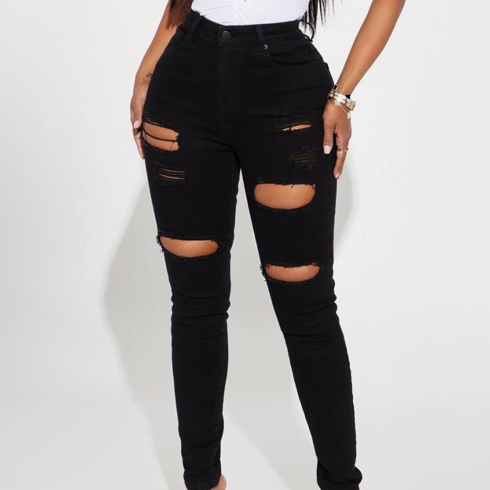 🧡Fashion Nova Jeans Stretch Black Distressed 4 pckt zipup button belt loop denim